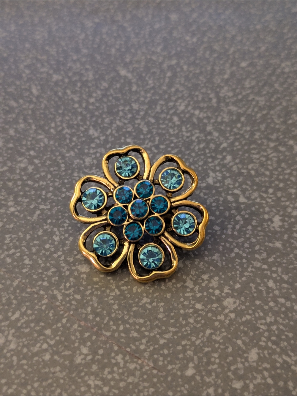 Gold Floral Brooch with Teal Blue Crystals